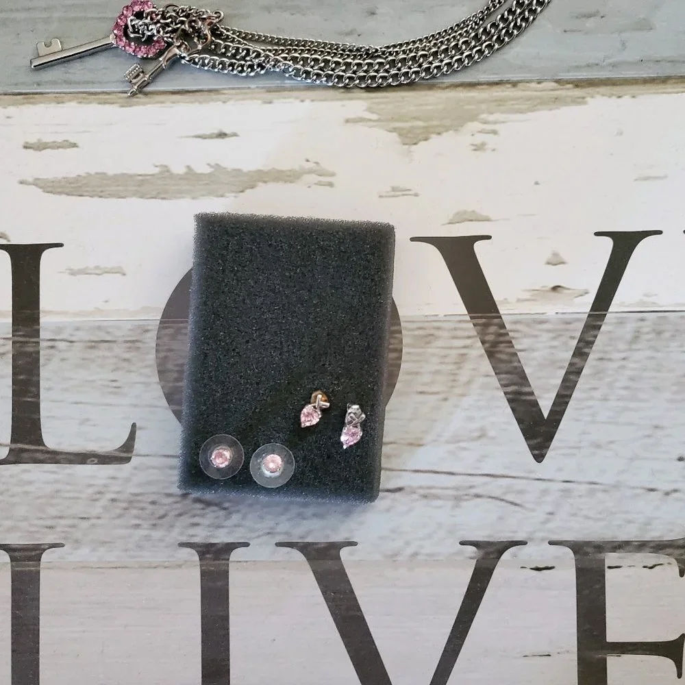Pink Heart Key Necklace & 2 pairs of Pink Earrings